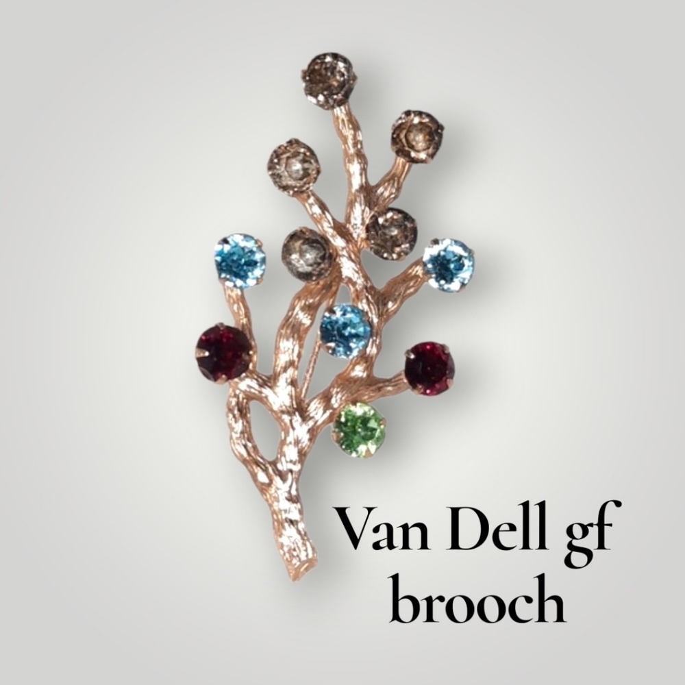 Van Dell Vtg 12k gold filled rhinestone Flower Brooch Signed Family Tree Mcm